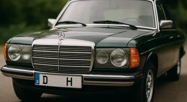 Dunkelgrüner Mercedes-Benz mit historischem Kennzeichen. Ab wann solche Kennzeichen erlaubt sind, ist eine Frage der Zulassung.