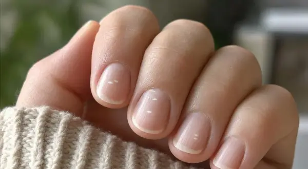 Dita con unghie naturali e una leggera ricrescita unghie dopo una settimana, con piccoli puntini bianchi visibili.