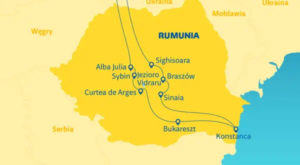 Mapa turystyczna Rumunii z zaznaczonymi miastami i trasami, w tym wybrzeżem Morza Czarnego.