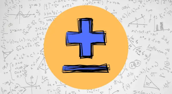 Niebieski plus minus symbol na tle równań matematycznych.