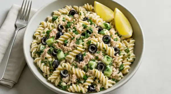 En skål med krämig tonfisksallad med pasta, svarta oliver, gurka och citronklyftor.