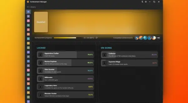 Interfejs Steam Achievement Manager z grą "Duskfall". Widoczne postępy w zdobywaniu osiągnięć, lista zablokowanych i aktywnych zadań.