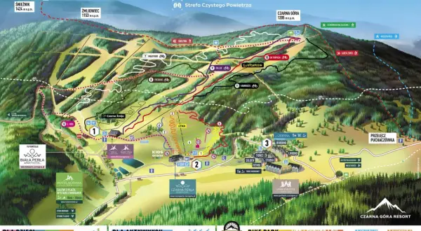 Mapa ośrodka górskiego Czarna Góra Resort z trasami narciarskimi i rowerowymi, wyciągami, schroniskami i hotelami.