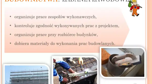 Technik budownictwa organizuje prace, kontroluje zgodność z projektem i dobiera materiały. Na zdjęciach budowa, spawanie i narzędzia.