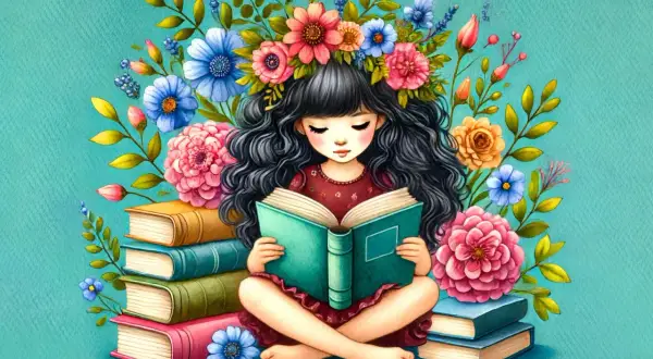 Ein Mädchen mit Blumenkranz sitzt im Schneidersitz und liest ein Buch. Um sie herum stapeln sich Bücher und bunte Blumen. Ein Bild für literarisches Lernen.