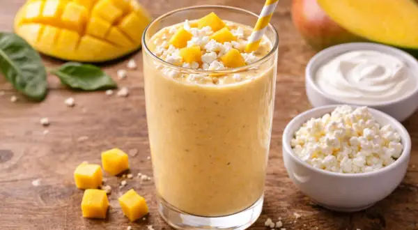 Orzeźwiający koktajl z mango, udekorowany kostkami owocu i białym serem. Obok leżą kawałki mango i miseczki z jogurtem i serem.