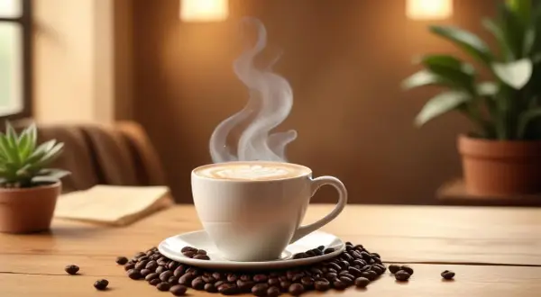 En ångande kopp koffein fritt kaffe med lattekonst, omgiven av kaffebönor på ett träbord.