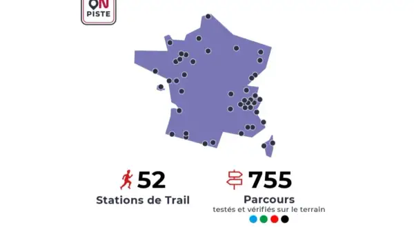 Carte de France avec 52 stations de trail et 755 parcours testés.