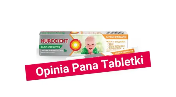 Opakowanie żelu Nurodent na ząbkowanie z uśmiechniętym dzieckiem i napisem "Opinia Pana Tabletki".