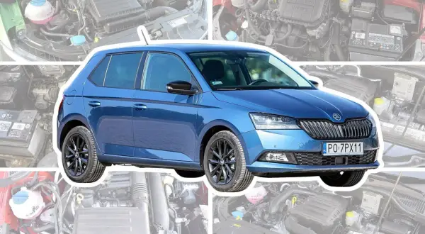 Niebieska Skoda Fabia na tle silników. Sprawdź aktualne skoda fabia - ceny używanych.