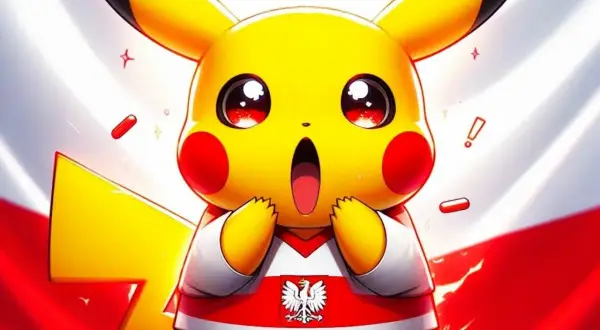 Pikachu w koszulce z polskim orłem, jeden z najpopularniejszych pokemonów, wygląda na zaskoczonego.