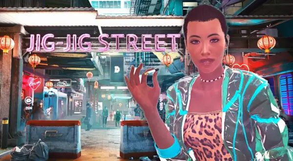 Cyberpunk 2077: Jig-Jig Street, ein Ort für alle Arten von Vergnügen. Eine Frau mit Zigarette im Vordergrund.