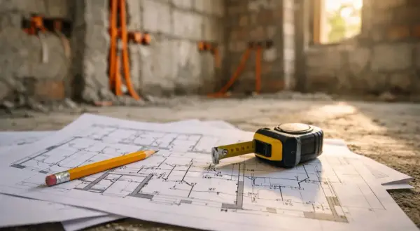 Plany budowy, ołówek i miarka leżą na podłodze. W tle widać ściany z przygotowaną instalacją elektryczną.