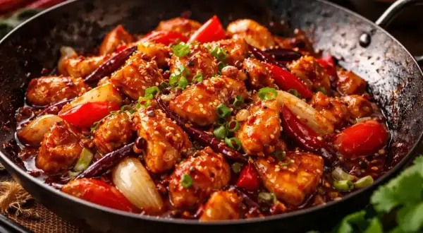 En wok med saftiga kycklingbitar, röd paprika, lök och torkade chilifrukter i en glansig sås till kyckling. Strösslade sesamfrön och grön lök toppar rätten.