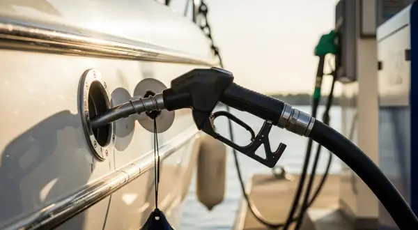 Pompa di rifornimento inserita nello scafo di una barca, con il sole che illumina la scena. Il costo del gasolio nautico è un pensiero comune.