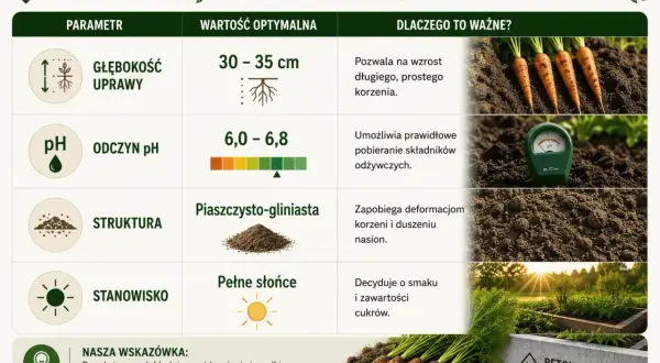 Tabela idealnego podłoża pod marchew: głębokość 30-35 cm, pH 6,0-6,8, struktura piaszczysto-gliniasta, pełne słońce.