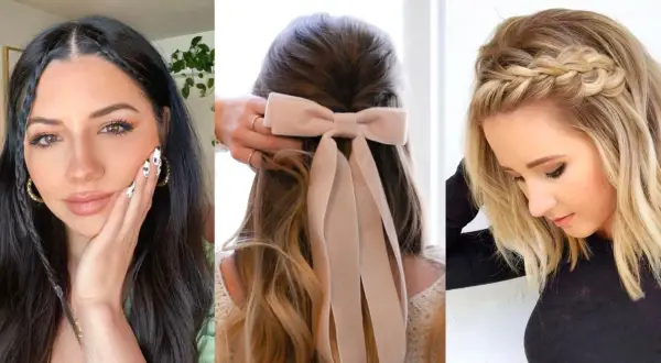 Peinados con peinetas y cabello suelto: trenzas finas, un lazo de terciopelo y una trenza diadema.