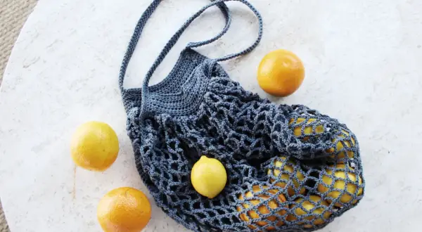 Borsa a rete uncinetto facile, perfetta per la spesa. Contiene limoni e arance, pronta per un picnic.
