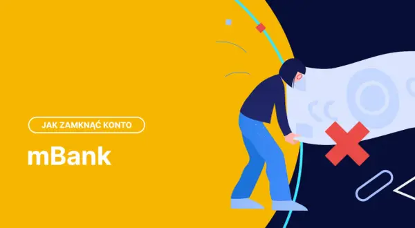 Jak zamknąć konto firmowe w mBank? Ilustracja pokazuje proces zamykania konta, z czerwonym krzyżykiem symbolizującym zakończenie.