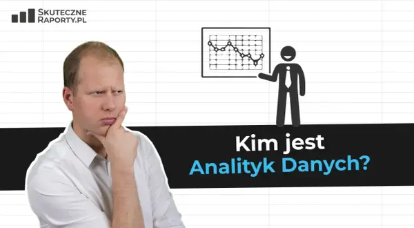 Zamyślony mężczyzna obok wykresu i postaci z krawatem. Kim jest analityk danych?