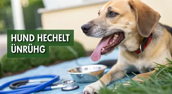 Ein Hund hechelt stark, sein Fell ist hellbraun und er trägt ein rotes Halsband. Neben ihm stehen ein Napf und ein Stethoskop.