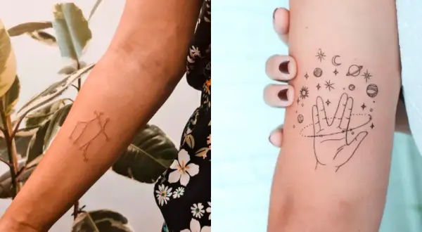 Delikatny tatuaż znak zodiaku Bliźniąt na przedramieniu. Obok, na innym ramieniu, tatuaż dłoni otoczonej planetami i gwiazdami.
