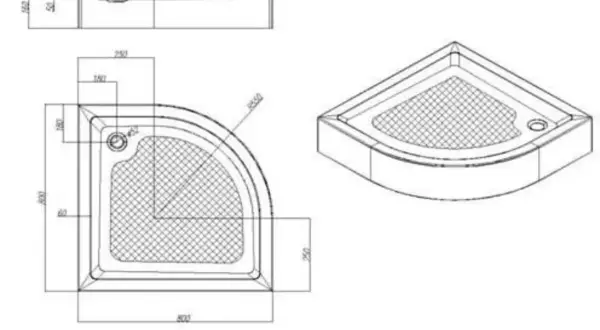 Rysunek techniczny pokazuje, jak zmierzyć kabinę prysznicową półokrągłą. Wymiary: 800x800 mm, promień 550 mm, wysokość 180 mm.