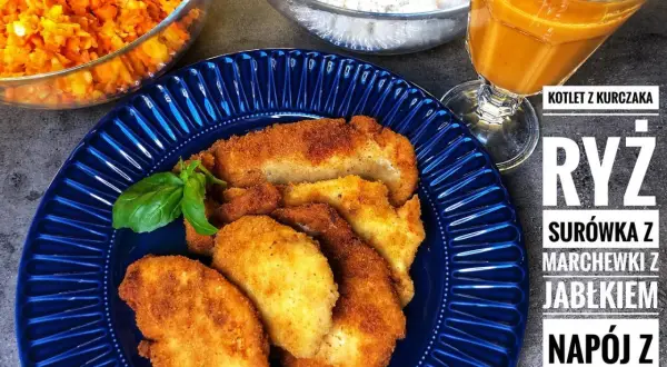 Kotlety z kurczaka, ryż, surówka z marchewki i jabłka, napój z marchewki, jabłka i banana – to wszystko znajdziesz w thermomix top 10 przepisów.