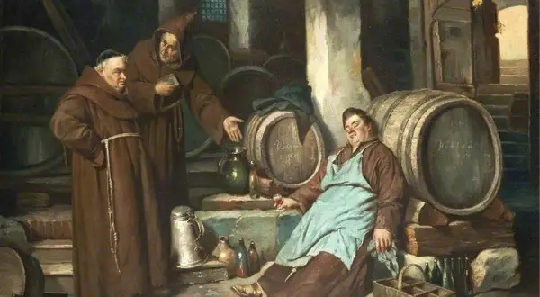 Monaci in una cantina con botti, forse dove è stata inventata la birra. Uno dorme, gli altri discutono.