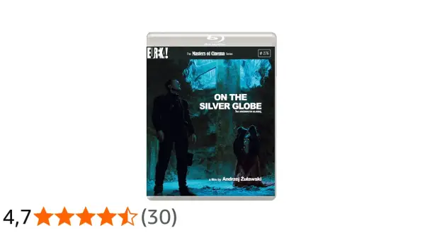 Na srebrnym globie, film Andrzeja Żuławskiego. Mroczna okładka Blu-ray z postacią w niebieskim świetle.