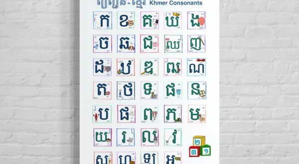 Plakat z alfabetem khmerskim, prezentujący litery języka kambodżańskiego wraz z ilustracjami zwierząt i przedmiotów.