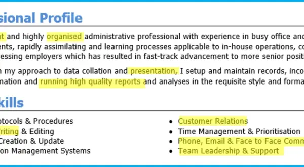 Sekcja "Professional Profile" i "Core Skills" z przykładem, jak napisać CV, podkreślająca umiejętności takie jak "Report Writing".