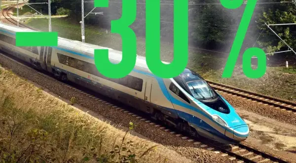 Zniżka 30% na bilet rodzinny PKP! Szybki pociąg Intercity mknie przez malowniczy krajobraz.
