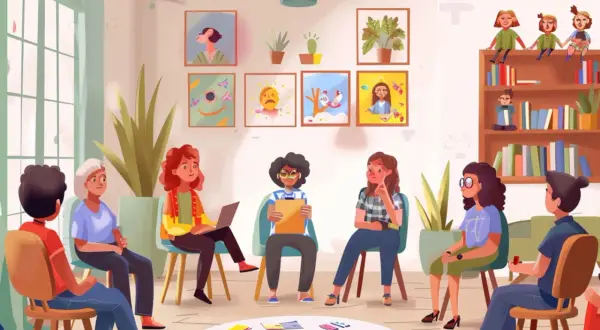 Elternabend im Kindergarten: Eine Gruppe von Eltern sitzt im Kreis, bespricht sich und tauscht sich aus. Kinderbilder hängen an der Wand.