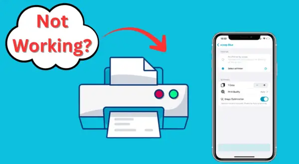 Problem z drukowaniem z iPhone'a? Ilustracja pokazuje drukarkę i ekran telefonu z ustawieniami drukowania.