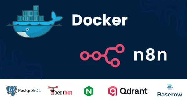 Logo Dockera, n8n, PostgreSQL, Certbot, Nginx, Qdrant, Baserow. Dowiedz się, docker co to jest i jak działa.