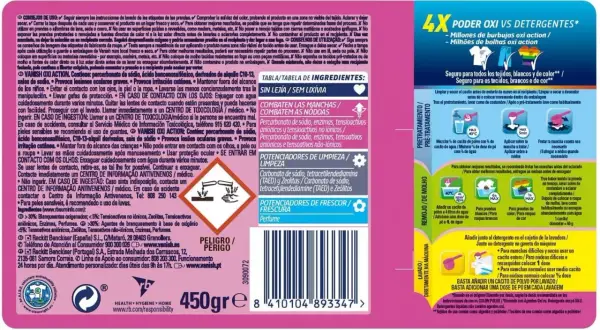 Opakowanie Vanish Oxi Action z instrukcją użycia i ikonami.