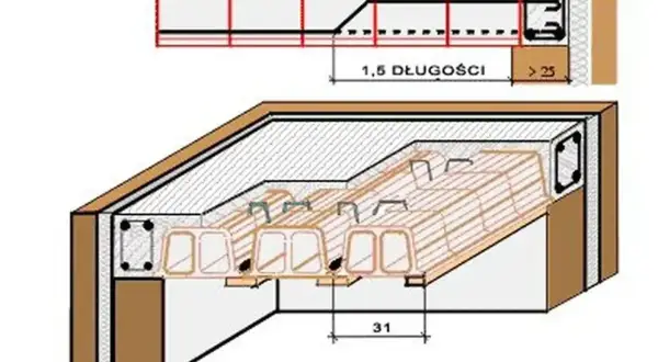 Przekrój stropu Ackermana z belkami prefabrykowanymi i zbrojeniem. Widoczny detal połączenia z murem.