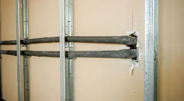 Instalacja hydrauliczna w trakcie budowy. Widoczne profile na ściankę działową i izolowane rury przechodzące przez otwory.