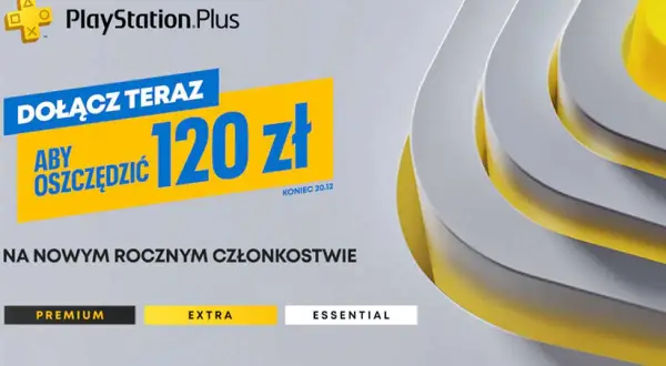 Grafika promocyjna PlayStation Plus z hasłem "Dołącz teraz, aby oszczędzić 120 zł" i opcjami Premium, Extra, Essential.