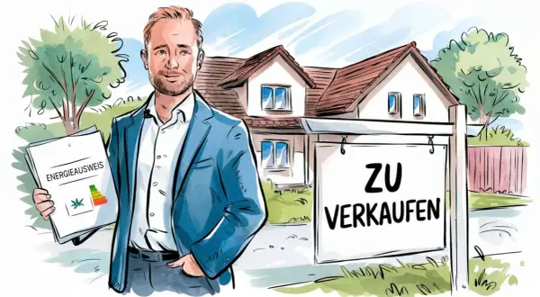 Mann mit Energieausweis vor Haus mit "Zu Verkaufen"-Schild. Der Hausverkauf ohne Energieausweis ist nicht erlaubt.