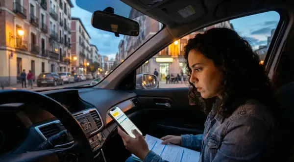 Mujer revisa su móvil y papeles en el coche, preocupada por cuándo caduca el teórico de coche.
