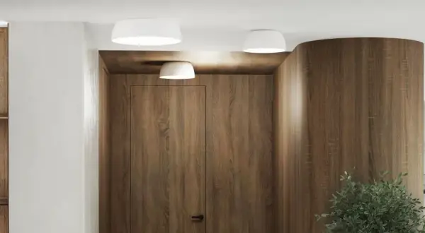Nowoczesne wnętrze z drewnianymi panelami i minimalistycznym plafonem loft.