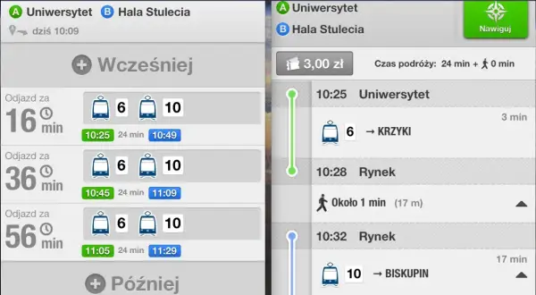 Aplikacja jak dojadę pokazuje wyniki wyszukiwania trasy z Uniwersytetu na Halę Stulecia. Dostępne są różne opcje odjazdów i czasy podróży.
