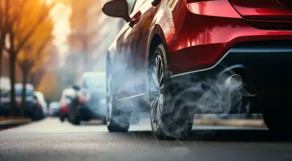 Czerwony samochód stoi na ulicy, z rury wydechowej wydobywa się dym. Zastanawiasz się, ile pali auto na postoju?