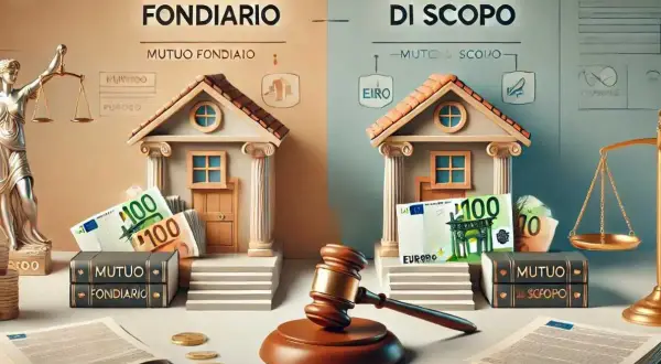Confronto visivo tra mutuo fondiario e ipotecario: case, denaro e bilance della giustizia illustrano la differenza.