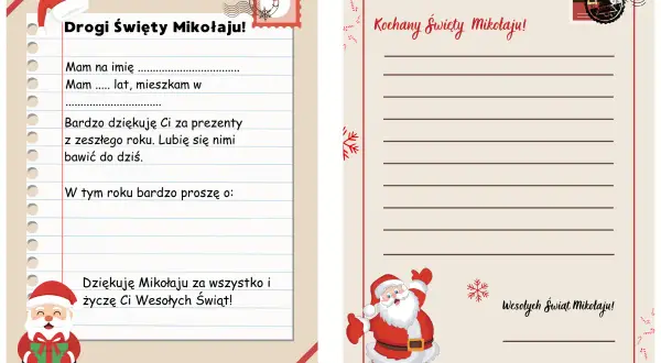 Wzór listu do Mikołaja z miejscem na imię, wiek, podziękowania i prośby. Na dole Mikołaj z prezentem.