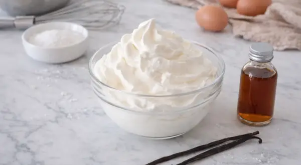 Un bol de crème chantilly aérienne, prêt à être dégusté. À côté, des gousses de vanille et une petite bouteille d'extrait.