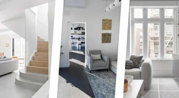 Interni moderni con scale in legno, divani grigi e tappeti che creano un'atmosfera accogliente. Ottimi colori da abbinare al grigio scuro abbigliamento.
