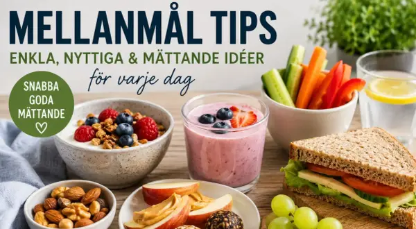 Här är tips på nyttiga mellanmål: yoghurt med bär, smoothie, grönsaksstavar, nötter, äppelklyftor med jordnötssmör och en macka.